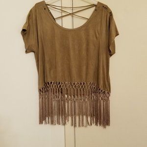 Cecico khaki Bohemian faux suede fringe low back top